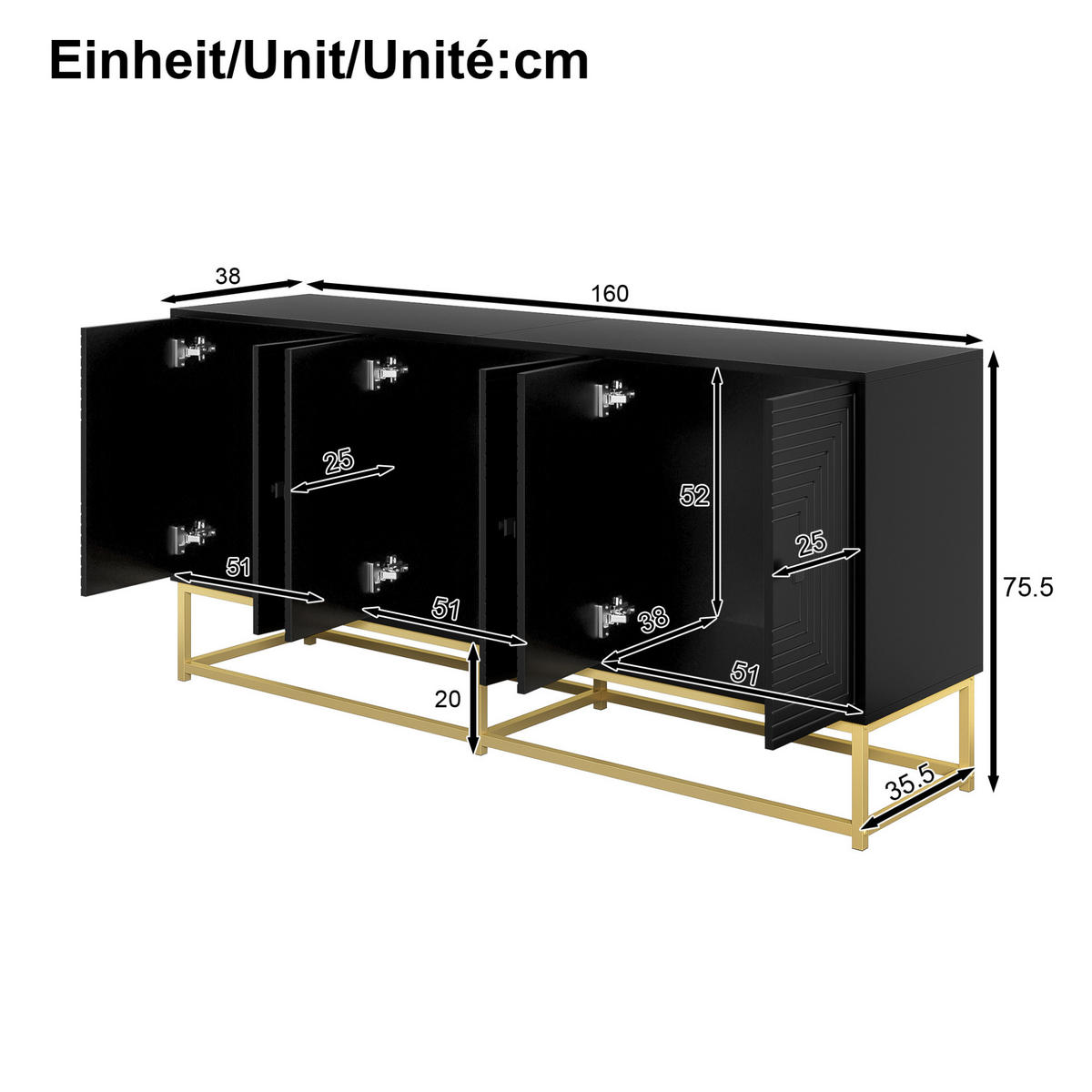 KOMMODE 160/38/75,5 cm aus Spanplatte mit 3 Doppeltürfächern Schwarz - Schwarz, Holzwerkstoff (160/75.5/38cm) - Modenvie