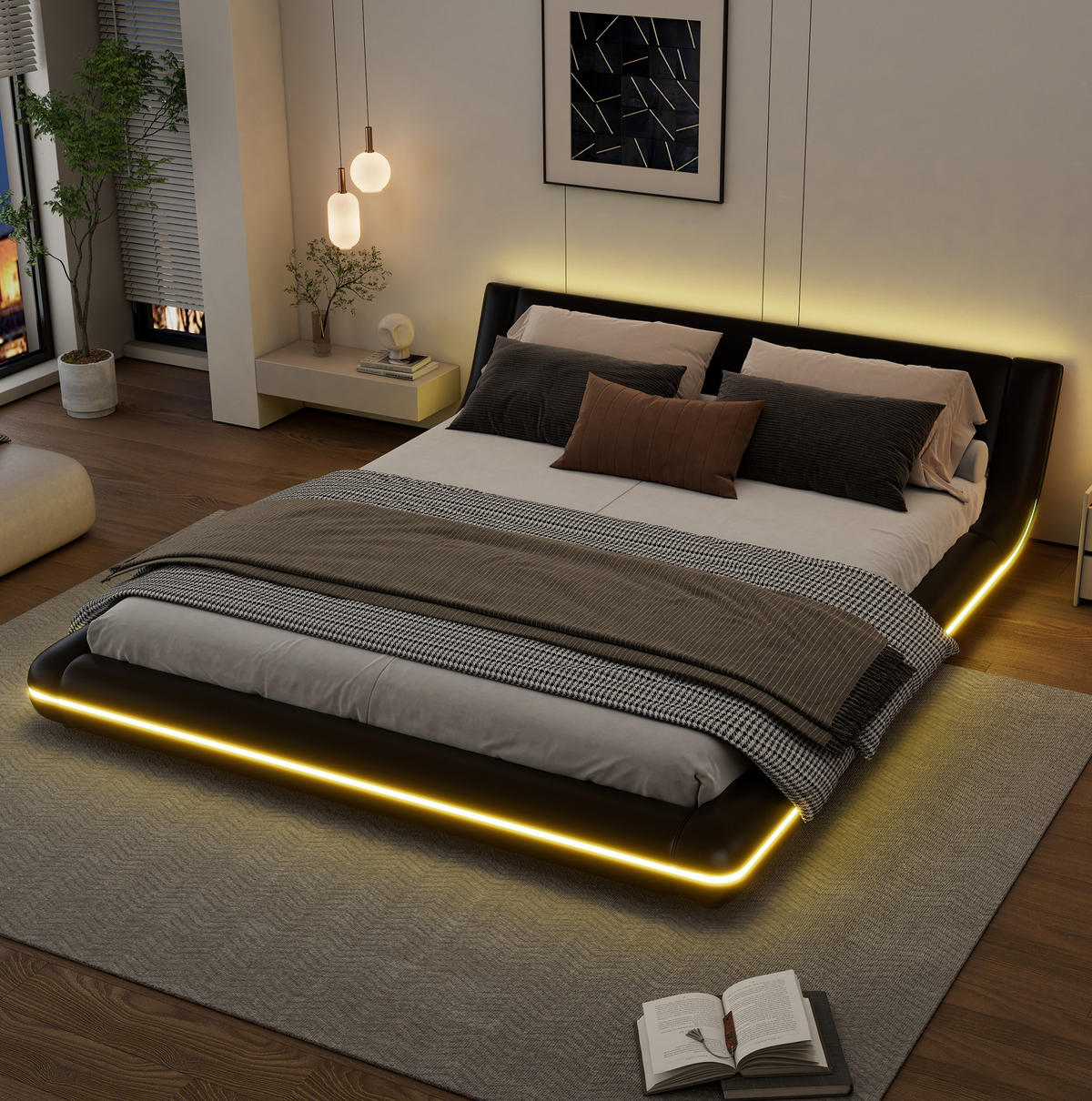 BETT 160/200 cm aus PU in Schwarz mit LED-Beleuchtung - Schwarz, Kunststoff (160/200cm) - Flora Grace