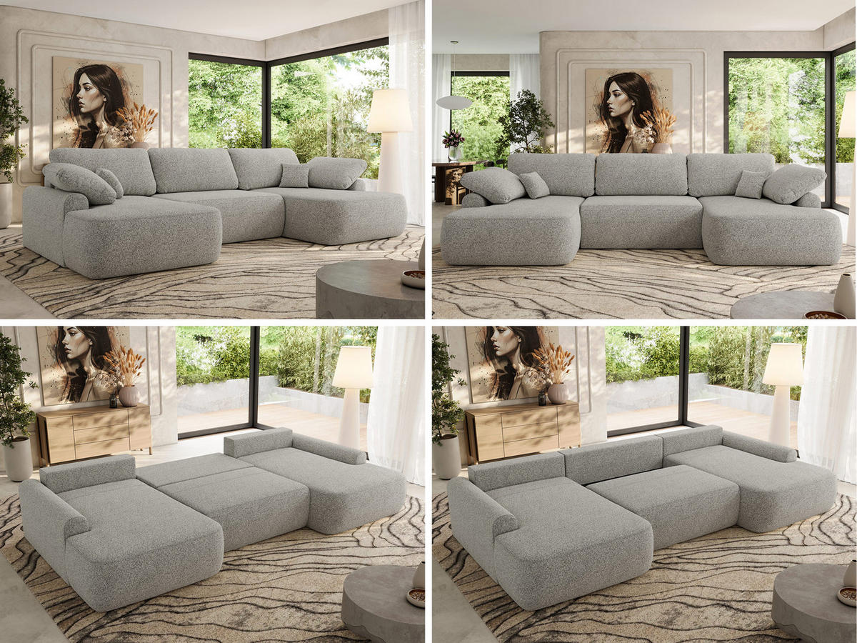 WOHNLANDSCHAFT CUBO U Hellgrau Struktur - Hellgrau/Schwarz, Kunststoff/Textil (370/100/187cm) - MKS