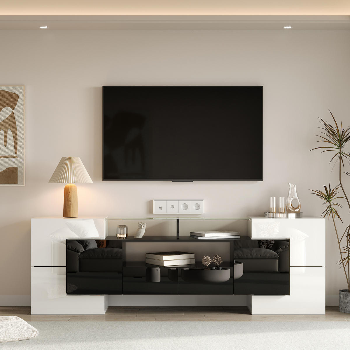 TV stolek 200/35/60 cm s LED osvětlením, vysoký lesk a skleněná plocha, úložný prostor, Bílá/Černá - černá, kompozitní dřevo (200/60/35cm) - Redom