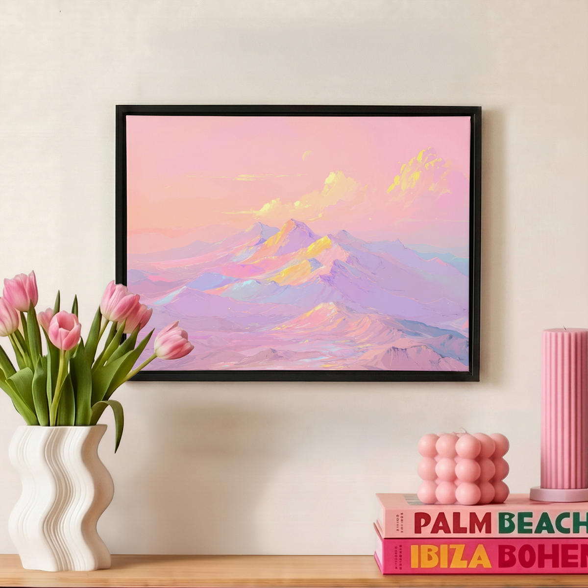 LEINWAND Bilder mit Rahmen - Berggipfel - Wolken - Verträumt - 40x30 - Hellrosa, Textil (40/30cm) - MuchoWow