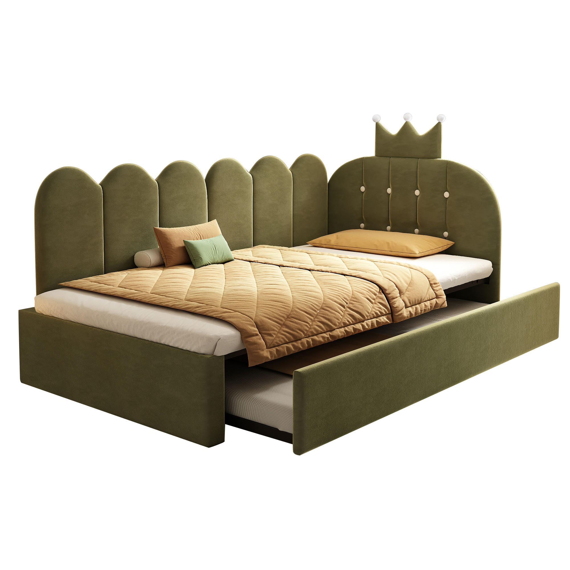 KINDERBETT Kindereinzelbetten 90/200 cm mit Ausziehbett 90/190 cm, L-Form, Kronen- und Gitterdesign aus Samt, Grün - Grün, Textil (90/200cm) - Redom