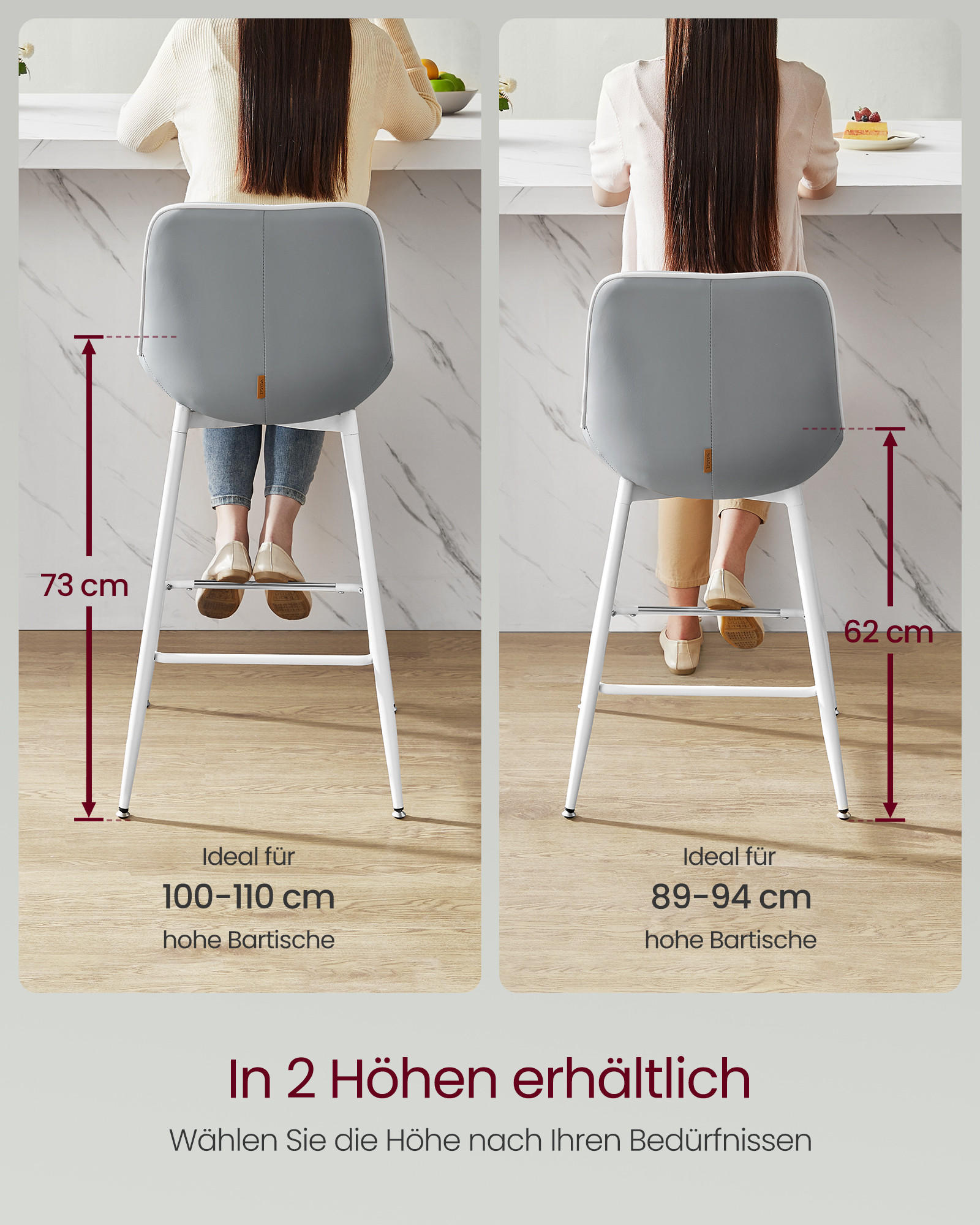 BARHOCKER Leo (2er Set) - Grau, Leder (50/99/50cm) - VASAGLE