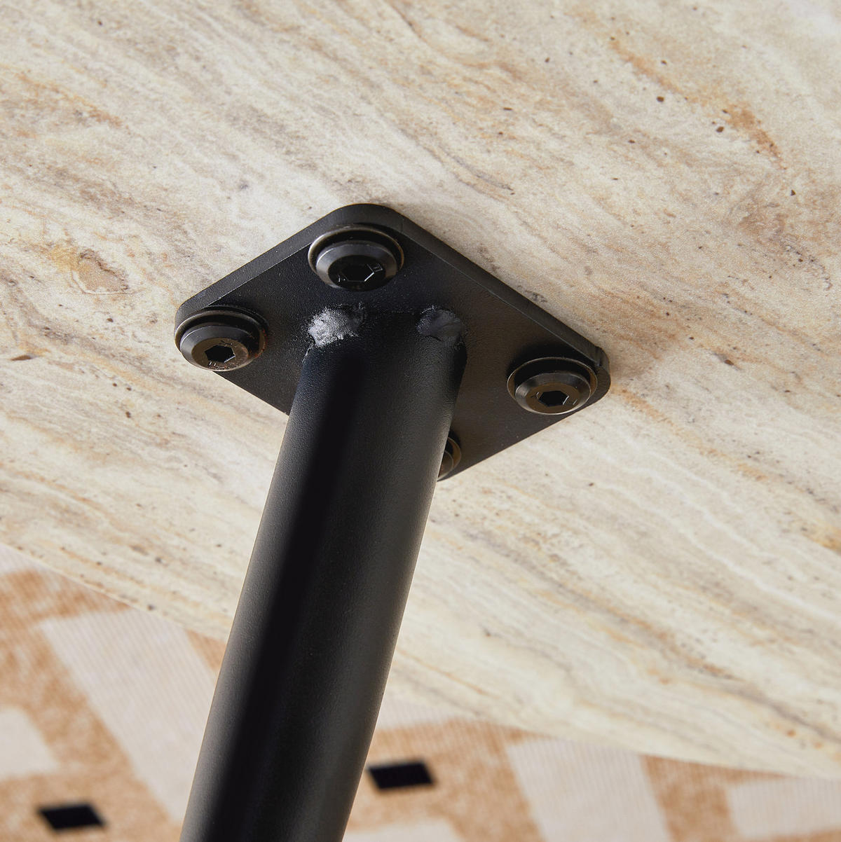 KLUBSKA miza, Ø 70/35,5 cm, MDF v videzu svetlega travertina in črna kovina - črna, leseni material (70/70/35.5cm) - BEAOK