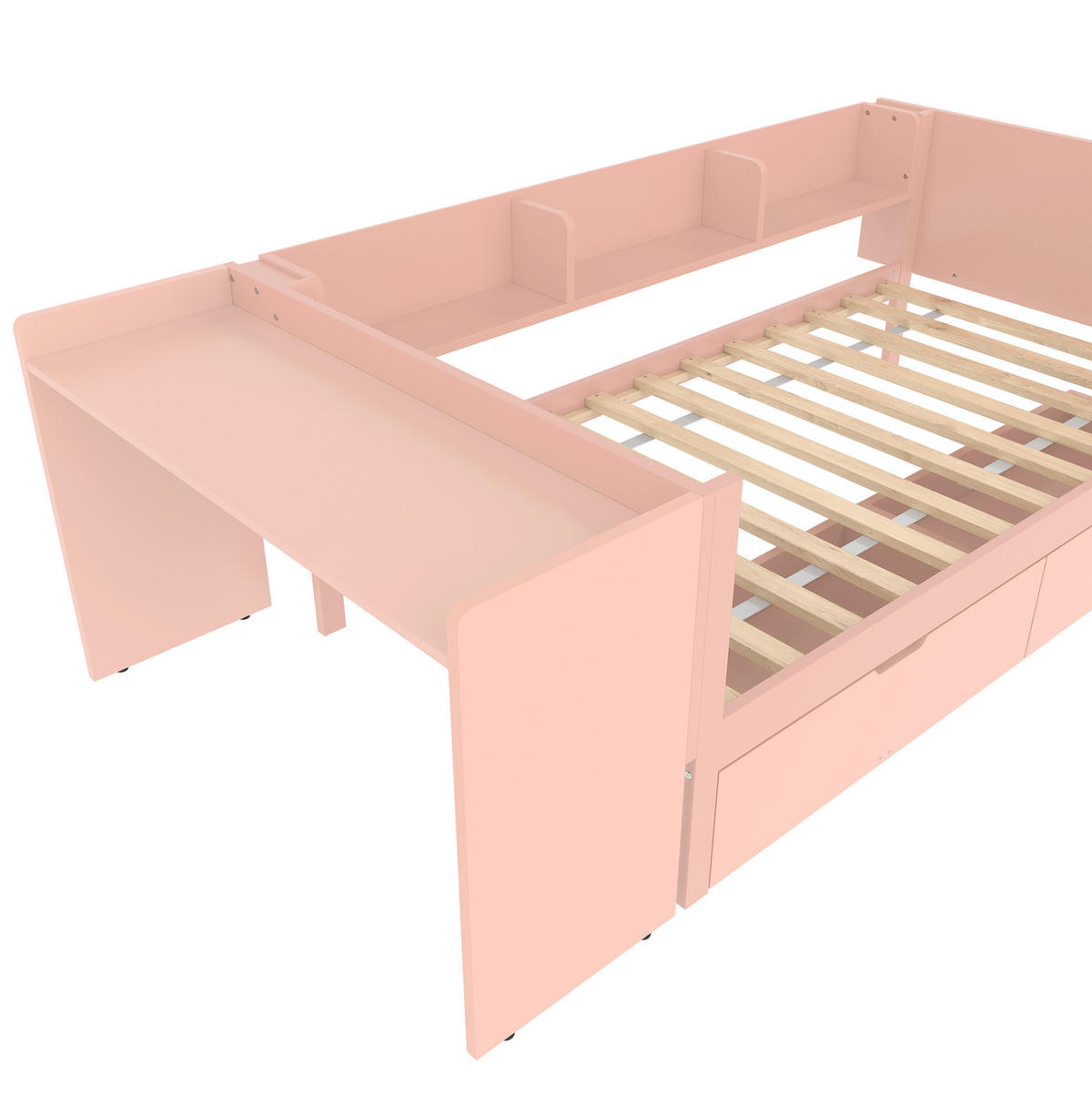 EINZELBETT aus Kiefernholz und Spanplatte 90x200 cm Rosa mit Schreibtisch, 2 Schubladen und Regalen - Rosa, Holz (90/200cm) - IVMEU