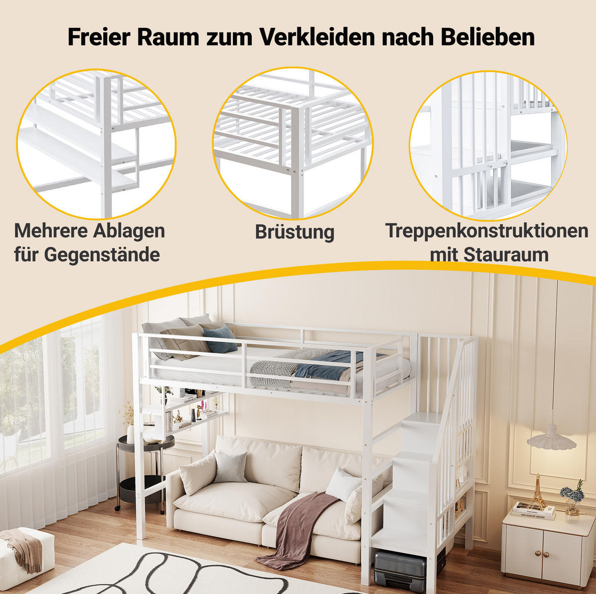 HOCHBETT 90/200 cm Weiß aus Metall und MDF mit Stauraumleiter - Weiß, Metall (90/200cm) - OKMYHOME