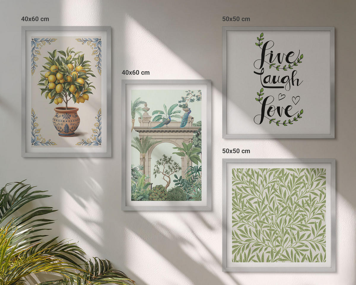 WANDBILDER 4er Set - 50x50 cm & 40x60 cm Silberner Rahmen - Grüne Blätter exotischer Pflanzen - Silberfarben, Kunststoff (50/50cm) - ArtPrintCave