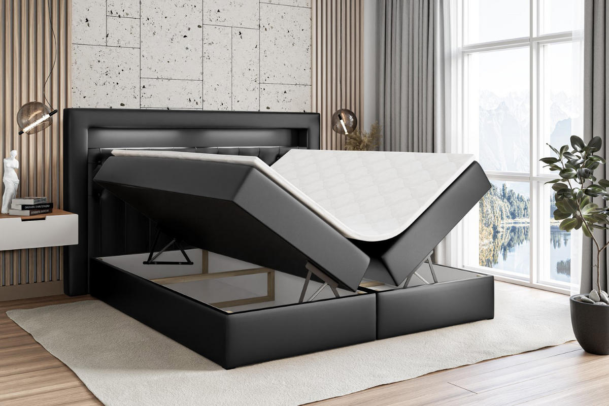 BOXBETT LED mit H4-Matratze und Lattenrost - NOEL GOLD - 140x200 Schwarz Hochglanz - Schwarz Hochglanz, Holzwerkstoff (140/200cm) - ALTDECOR