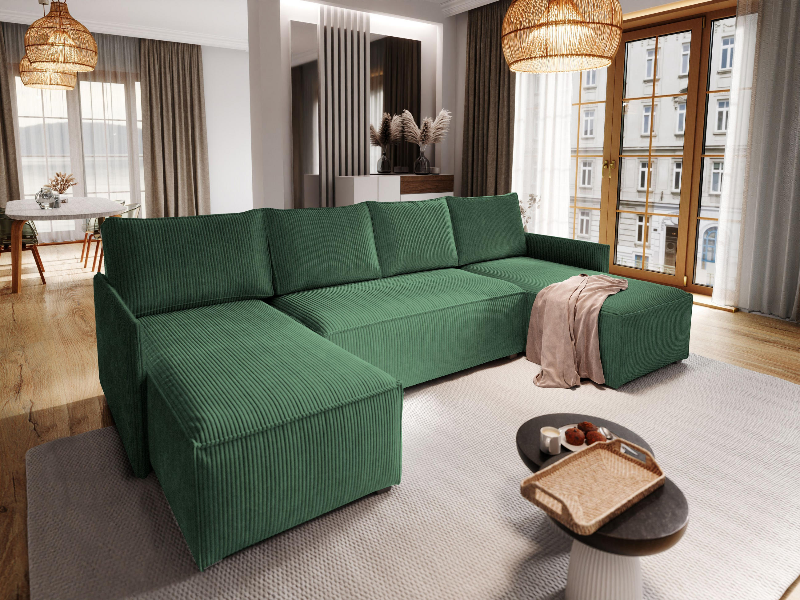 WOHNLANDSCHAFT TRES Grün Kordstoff mit Schlaffunktion - Grün, Holz (271/85/140cm) - MASSENO