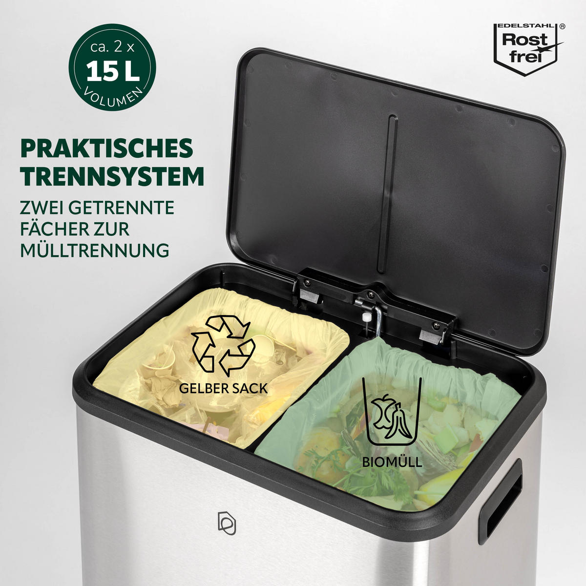 ABFALLEIMER je 15 Liter, silber - Edelstahlfarben, Metall (42.5/50/33.5cm) - eluno