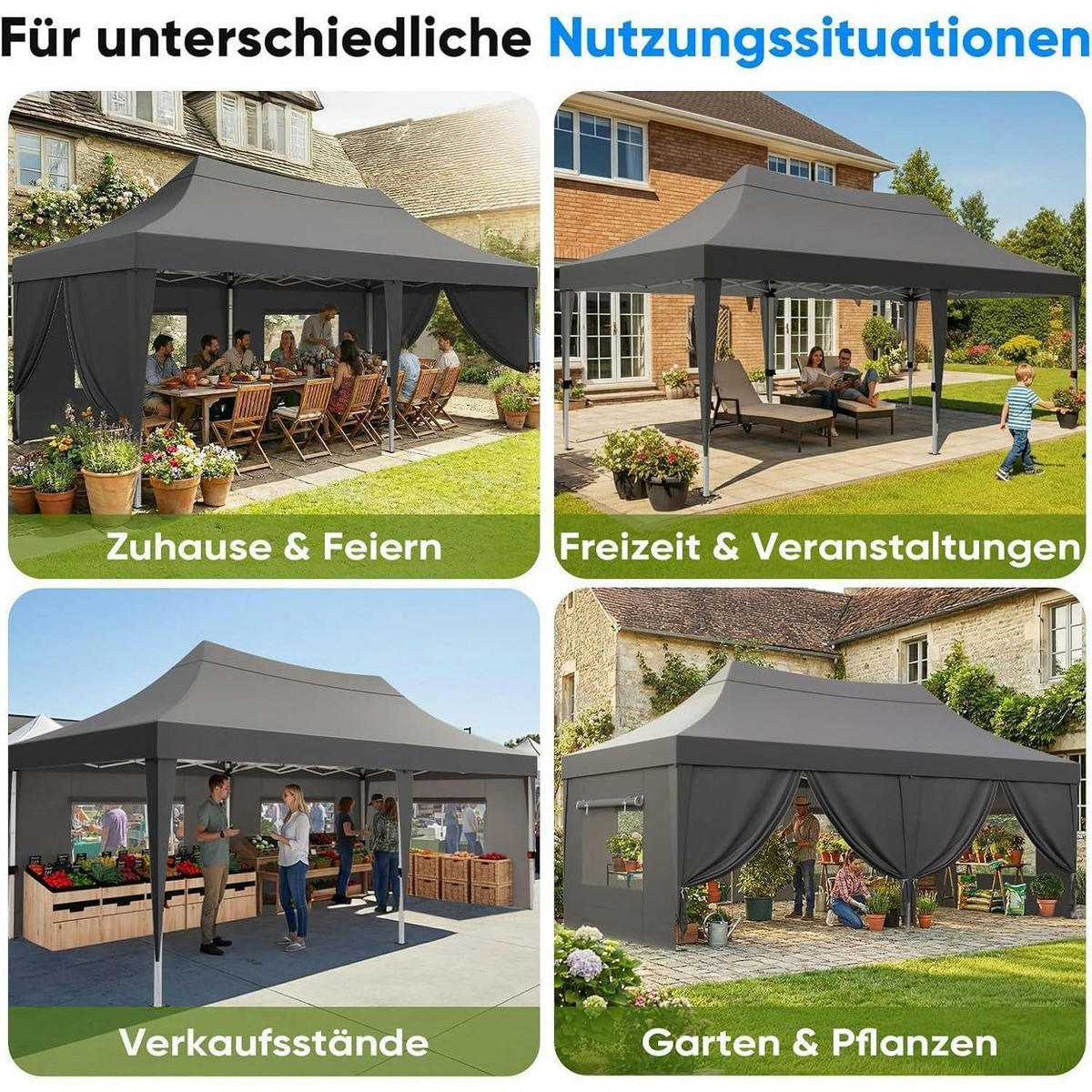 FALTPAVILLON 3x6m Grau wasserdicht mit Seitenwänden - Grau, Textil (585/310/293cm)