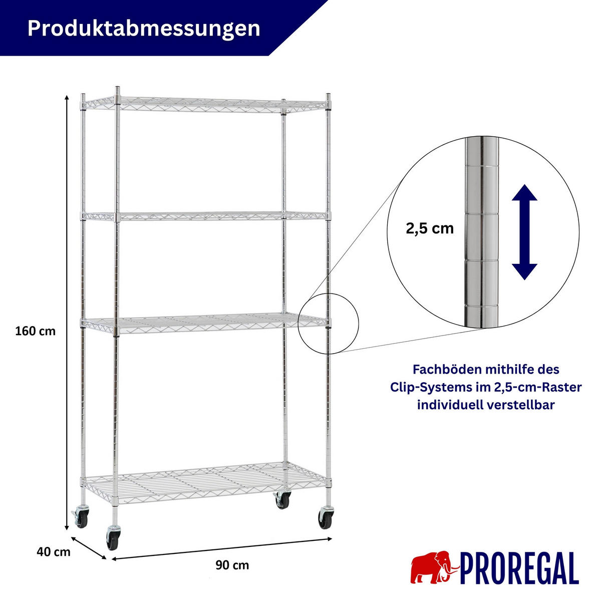 GITTERREGAL HADES mit Rollen & 4 Gitterböden Metall 160x90x40cm Silber - Silberfarben, Metall (90/160/40cm) - PROREGAL