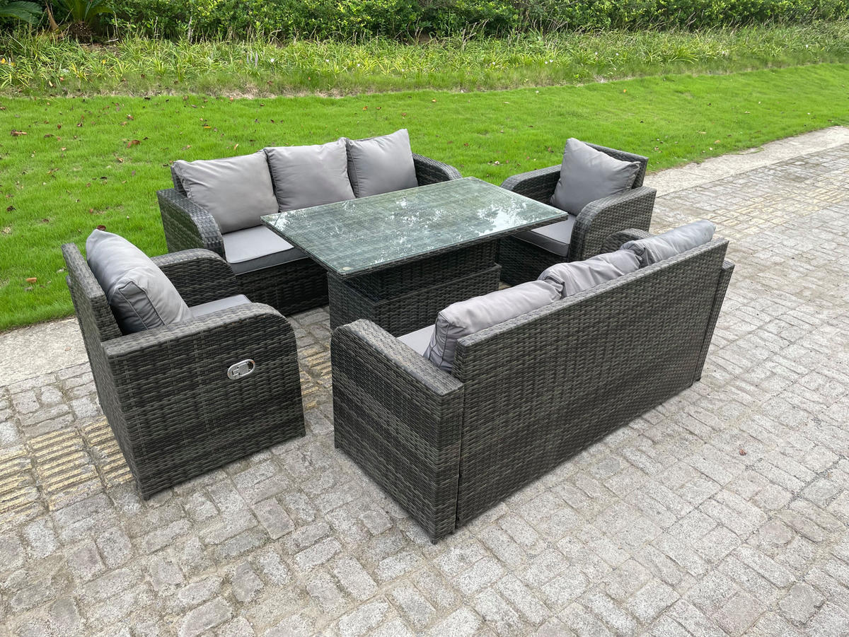 GARTENSOFA Hohe Rückenlehne Polyrattan 8-Sitzer - Dunkelgrau/Grau, Glas/Kunststoff - Fimous
