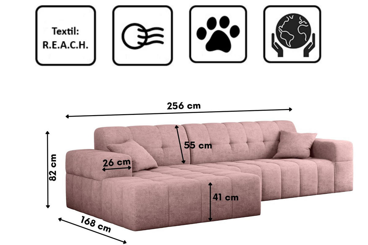 ECKSOFA NIMES Stoff Perfect Harmony Rosa Links - Rosa, Holz/Kunststoff (168/265cm) - Kaiser Möbel
