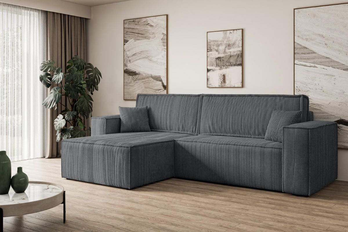 ECKSOFA mit Schlaffunktion und Bettkasten CELTIC-XL - 277x143x83 cm Dunkelgrau Cord - Dunkelgrau/Schwarz, Holzwerkstoff/Kunststoff (277/143cm) - ALTDECOR