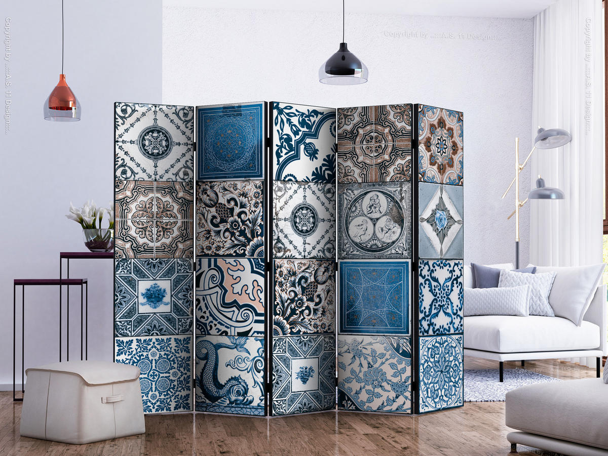 PARAVENT Beidseitig Bedruckter 5-tlg 225x172 cm Mosaik Fliesen - Blau, Holz/Textil (225/172/3cm) - Muralo
