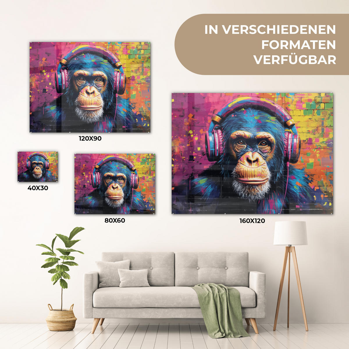 ACRYLGLASBILD Graffiti - Schimpanse - Straßenkunst - Kopfhörer - Affe 80x60 cm - Blau, Glas (80/60cm) - MuchoWow