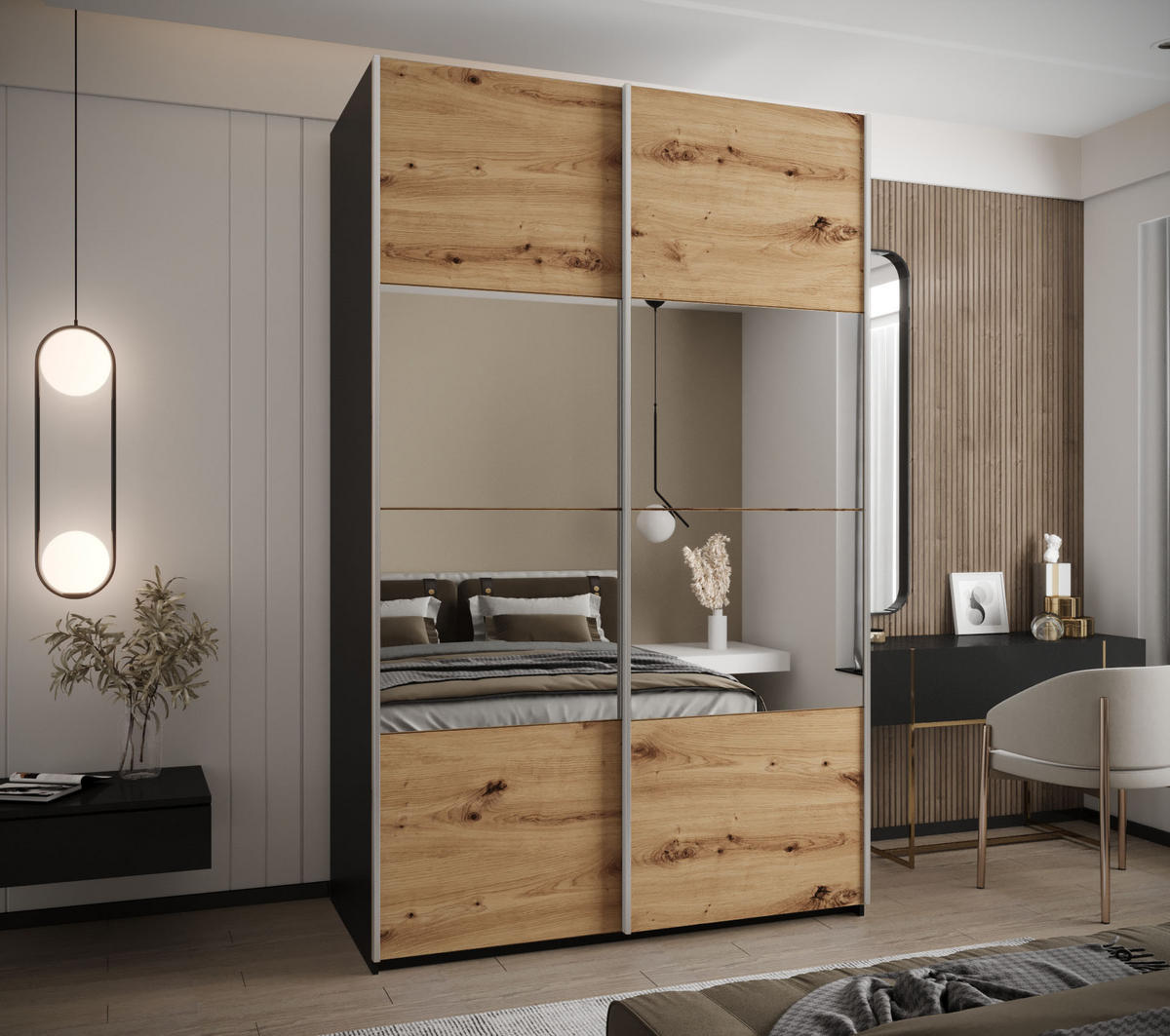 SCHWEBETÜRENSCHRANK 245,5/150/64 2-türig - Silberfarben/Schwarz, Holz/Metall (150/245/64cm) - Abiks Möbel