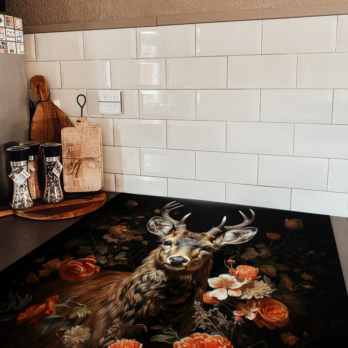 HERDABDECKPLATTE Hirsch - Tier - Blumen - Natur - Botanisch Induktionsmatte 78x78 cm - Kupferfarben, Kunststoff (78/78/0.2cm) - MuchoWow