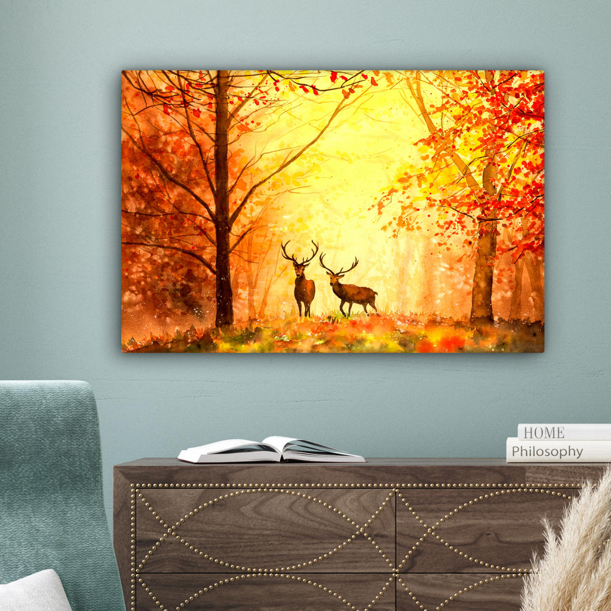 LEINWANDBILD Natur - Ölfarbe - Hirsche - Tiere - Herbst - Orange Wanddeko 90x60 cm - Orange, Textil (90/60cm) - MuchoWow