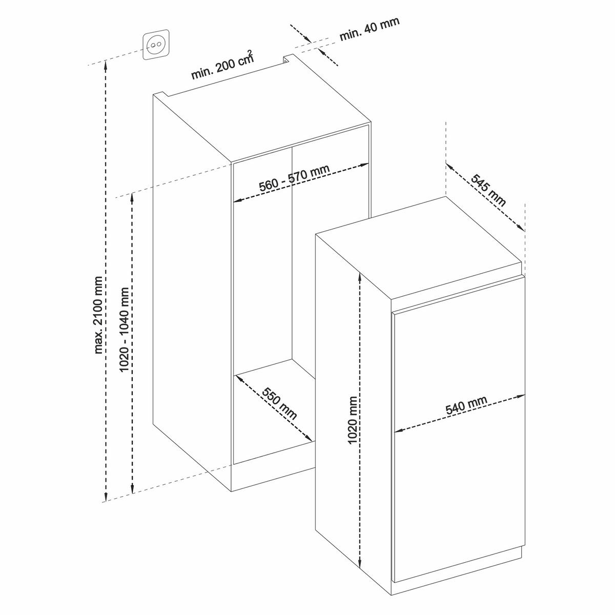 KÜHLSCHRANK Einbau, ohne Gefrierfach, 102cm Nische, Schlepptür-Technik, 154 Liter Nutzinhalt - Weiß, Glas/Kunststoff (54/102/54.5cm) - Telefunken