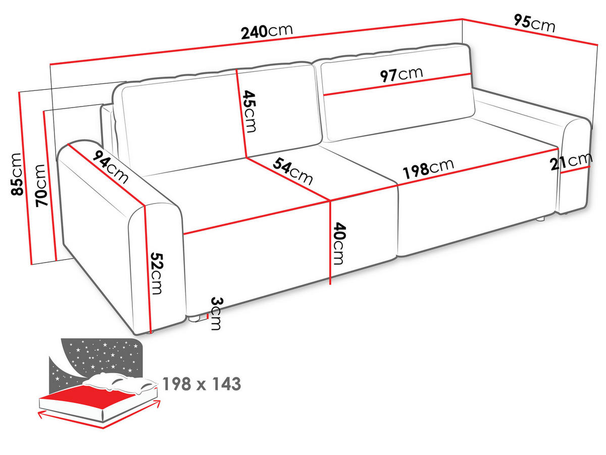 SCHLAFSOFA Bella - Creme/Schwarz, Holz/Kunststoff (240/85/95cm) - MIRJAN24