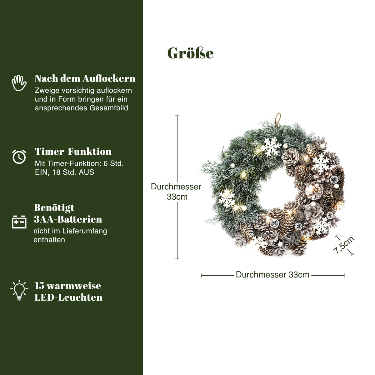 WEIHNACHTSKRANZ mit LED Beleuchtung & Timer - Dunkelgrün, Naturmaterialien (35cm) - Hometopia