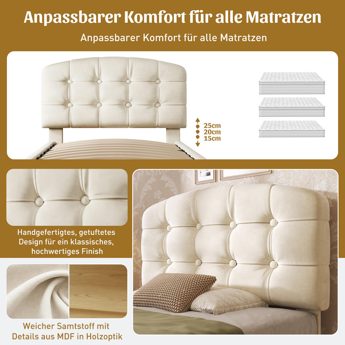 POLSTERBETT 90/200 cm Beige mit 2 Schubladen und Stauraum - Beige, Textil (90/200cm) - Oxeza