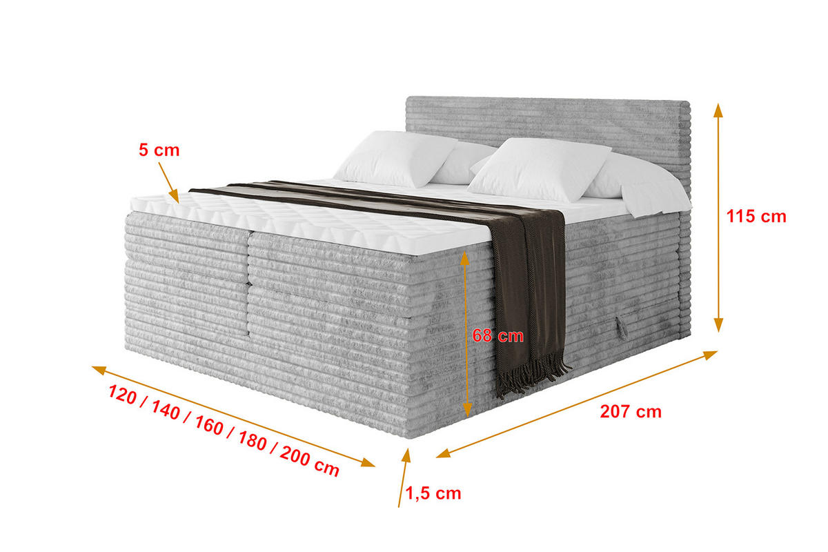 BOXSPRINGBETT mit Matratze H3|H4 und Lattenrost - TOLO KING-v1 120x200 Cord - Hellgrau - Hellgrau, Holzwerkstoff (120/200cm)