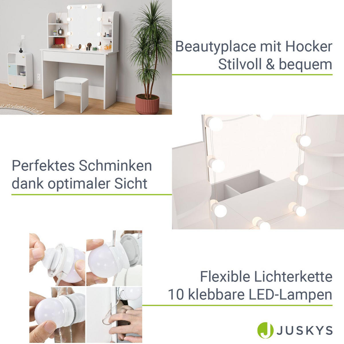 SCHMINKTISCH Bella mit mit LED und Hocker Melly - Weiß, Holz (40/140/108cm) - Juskys