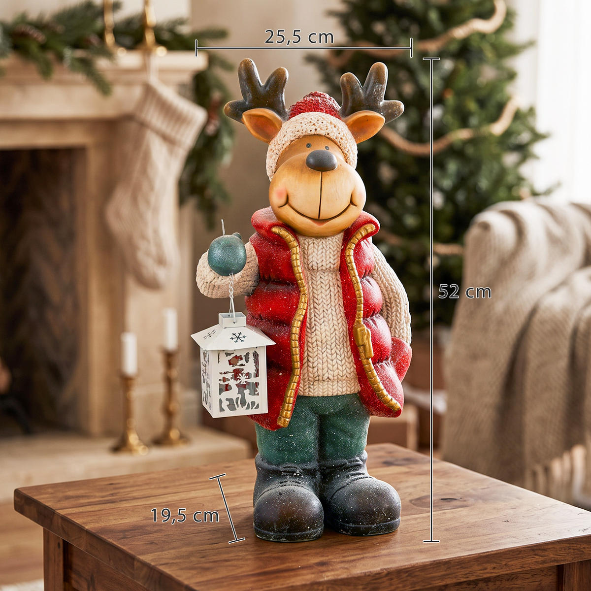 WEIHNACHTSDEKO Figur 52 cm Rentier mit Laterne Weihnachtsfigur mit LED-Licht - Rot, Metall (19.5/52/25.5cm) - HOMCOM