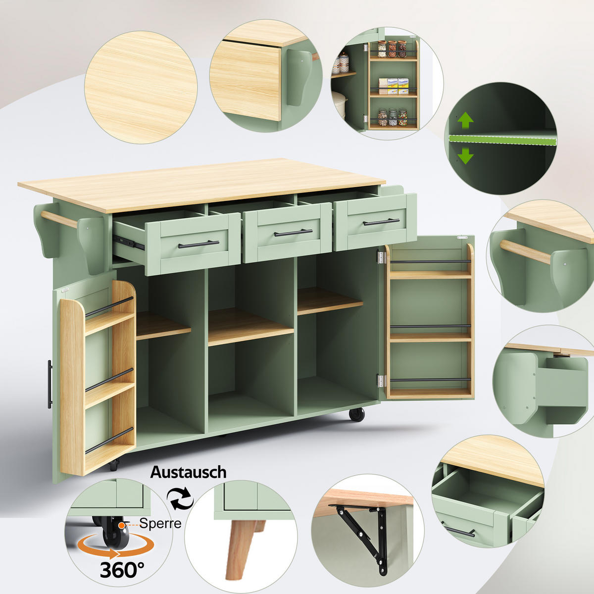 KÜCHENINSEL Antikgrün aus MDF mit klappbarer Erweiterungsplatte 139 × 46 × 91,5 cm - Grün, Holzwerkstoff (139/91.5/71cm) - Luhomfu