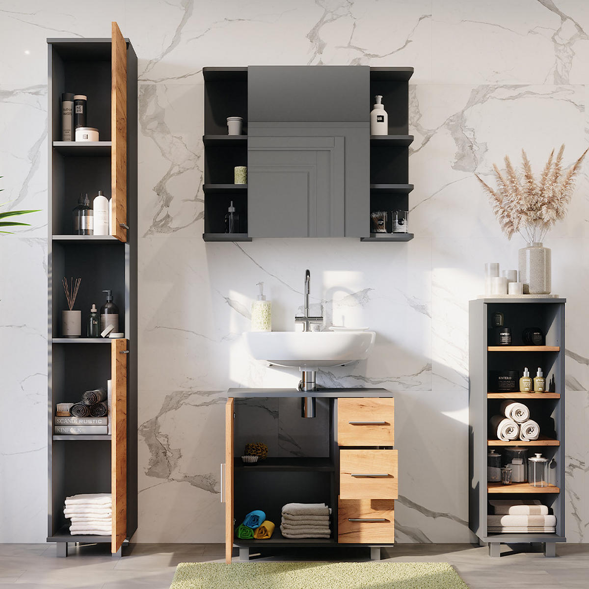 BADMÖBEL-SET Ilias Anthrazit/Goldkraft Eiche 4 Teile - Honigeiche/Anthrazit, Holzwerkstoff (60.2/60.8/33cm) - Vicco