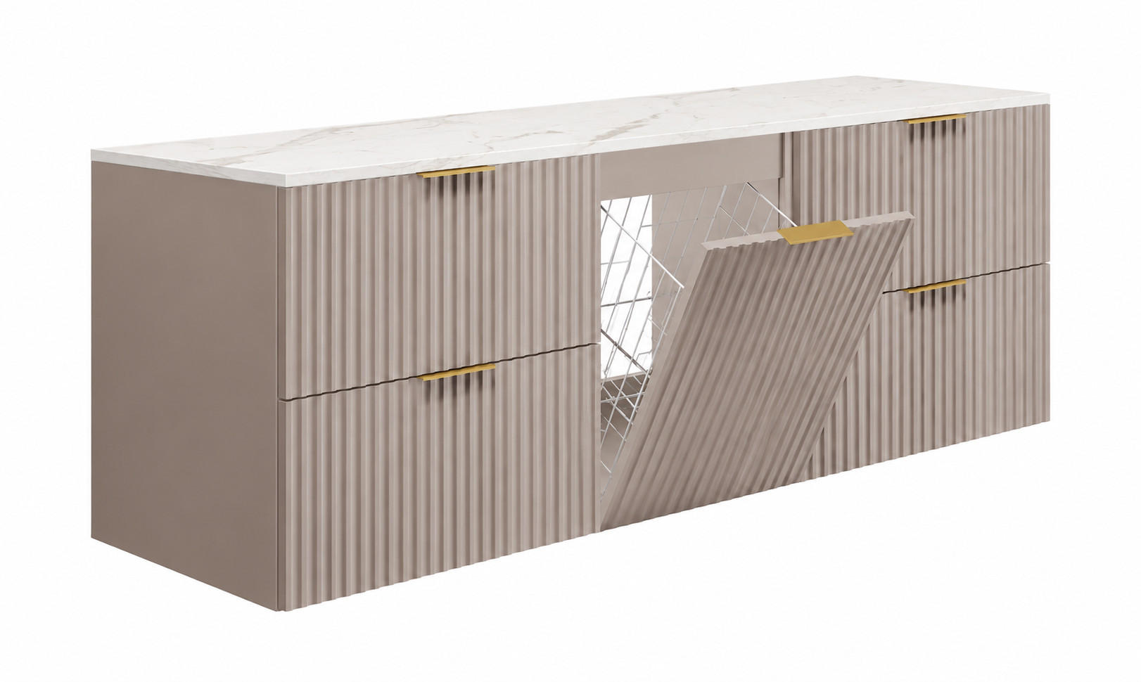 BADMÖBEL-SET MIT WÄSCHEKORB: Kaschmir / Platte Marmor Bianco, Griffe Gold, 160 x 46 x 57 cm - Kaschmir/Creme, Holzwerkstoff (160/57/46cm) - 3XE LIVING