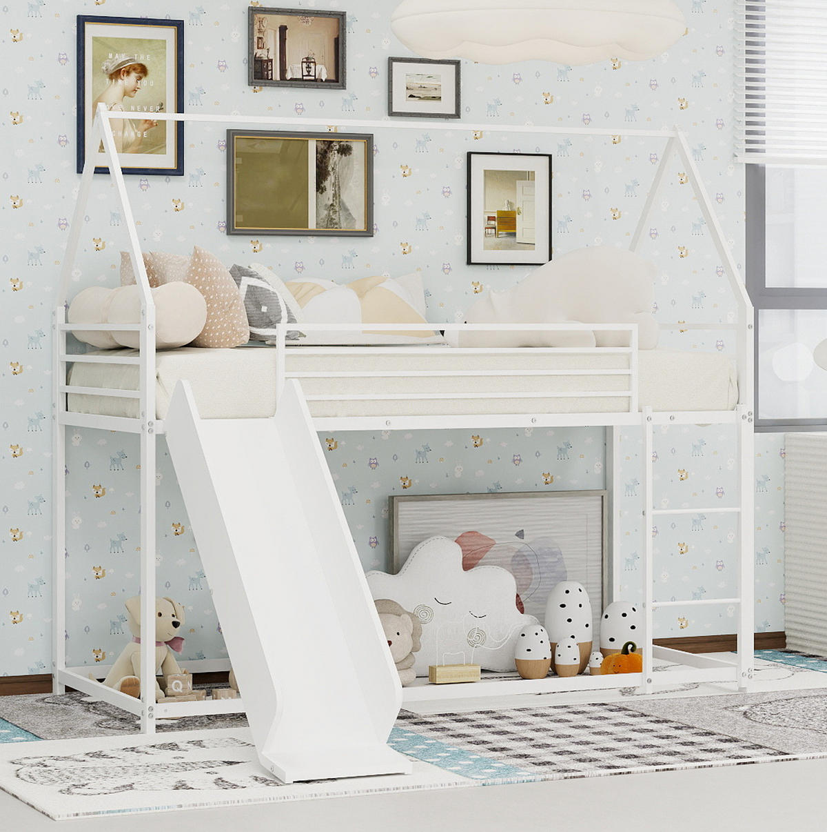 ETAGENBETT Hausdesign 90/190 cm Weiß mit Rutsche und Treppe - Weiß, Metall (90/190cm) - MIVRAY