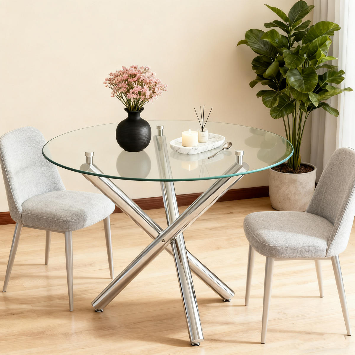 ESSTISCH rund 80 x 80 x 76 cm Glas Metall Silber - Silberfarben, Metall (80/80/76cm) - Meubliv
