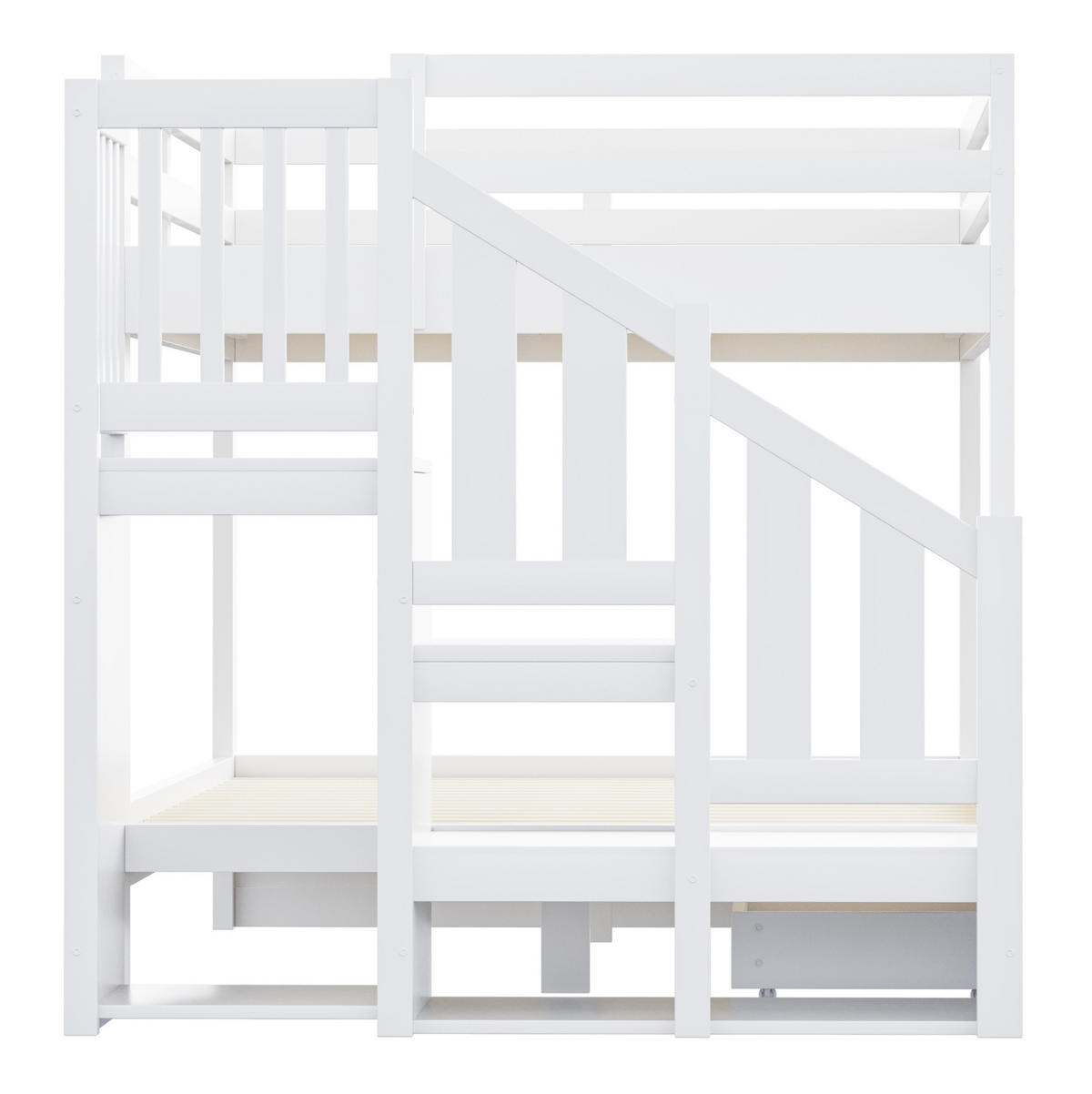 ETAGENBETT 140x200 cm Weiß mit Stauraumtreppe, Kleiderhaken und 2 Schubladen - Weiß, Holz (140/200cm) - Modfu