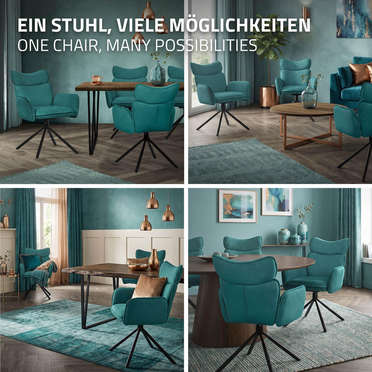 JÍDELNÍ ŽIDLE, sada 6 ks, otočné, petrolová barva, s látkovým potahem - černá/petrolejová, kov/textil (63/89/68cm) - ML-DESIGN