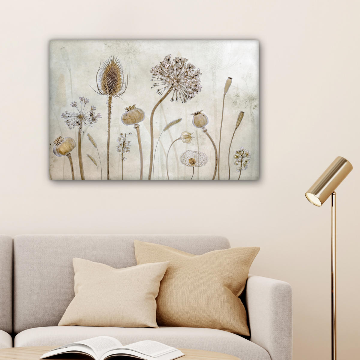 LEINWANDBILD Blumen - Aquarell - Stilleben - Braun - Vintage Wanddeko 90x60 cm - Beige, Textil (90/60cm) - MuchoWow