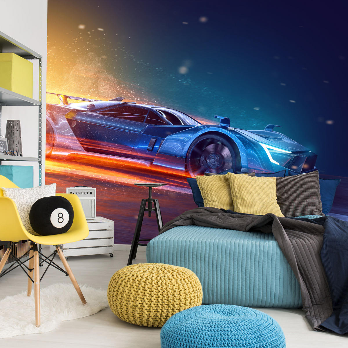 FOTOTAPETE für Jugendzimmer Futuristisches Sportwagen Neon 450x315 - Blau/Gelb, Papier (450/315cm) - Muralo