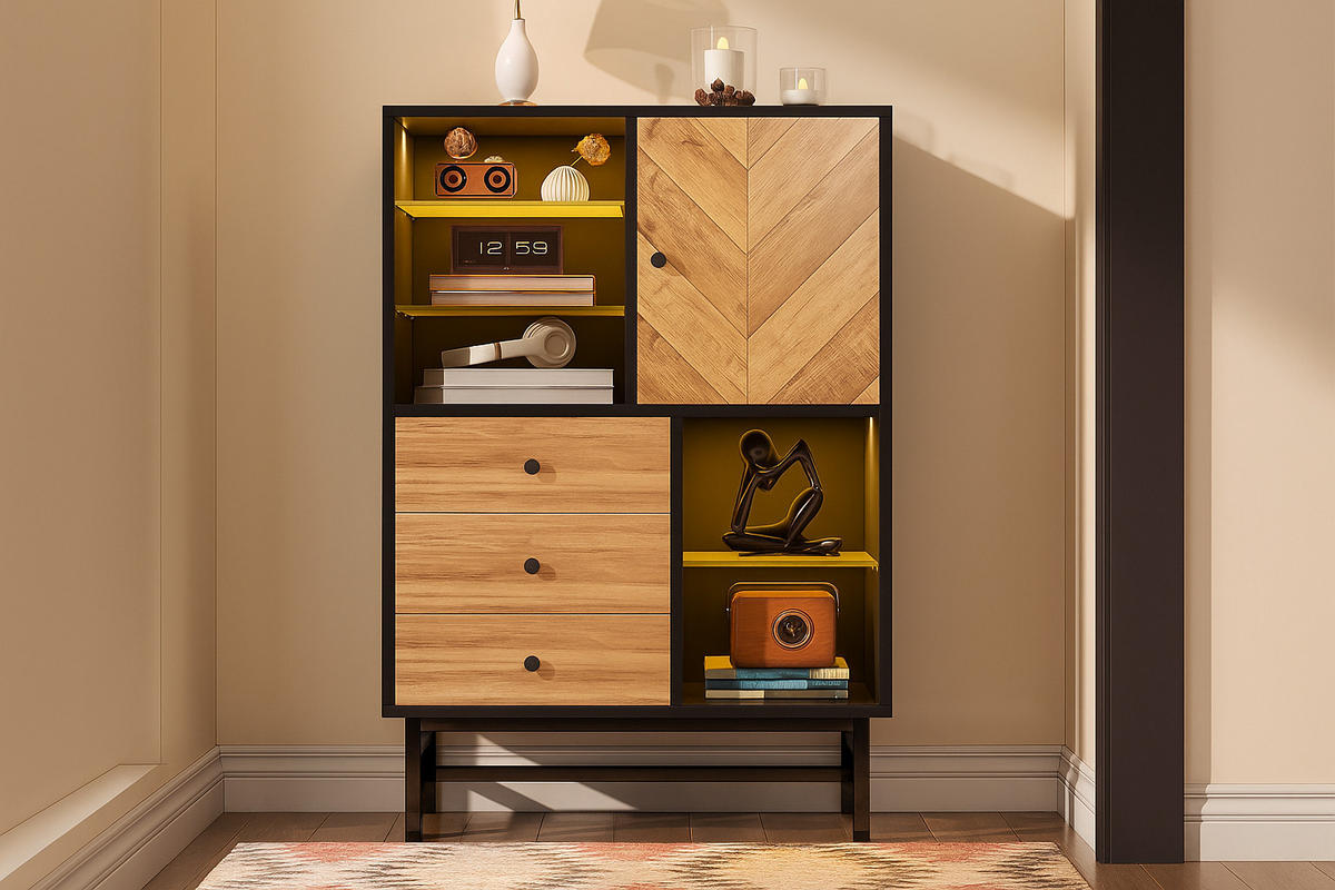 HIGHBOARD mit LED-Beleuchtung, 3 Schubladen und verstellbare Regale - Schwarz, Holzwerkstoff (80/120.5/40cm) - Urban Meuble