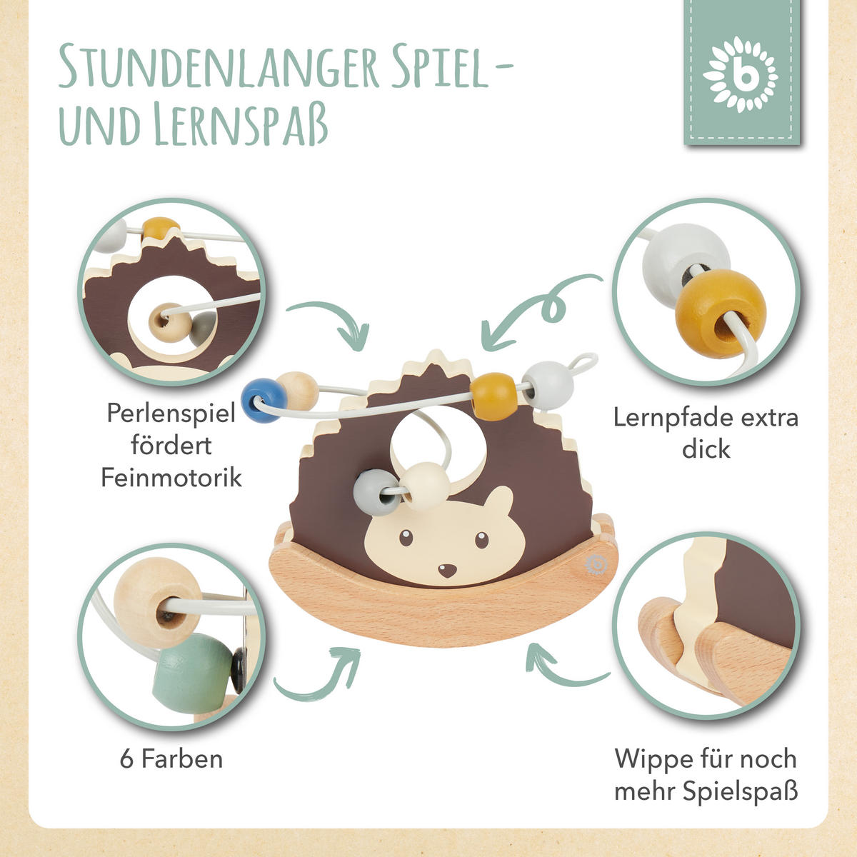 MOTORIKSCHLEIFE Igel mit Wippe - ab 12 M - Multicolor, Holz (8/14.5cm) - Bieco Spielwaren