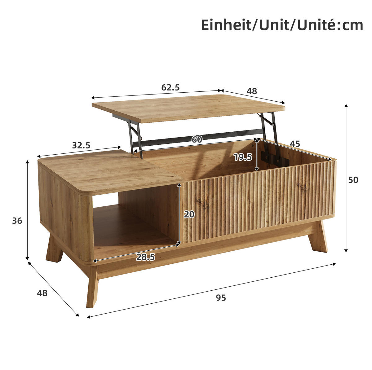 COUCHTISCH 95/48/50 cm aus MDF mit höhenverstellbarer Tischplatte, Stauraum und Wellenoptik, Natur - Naturfarben, Holzwerkstoff (95/48/50cm) - Redom