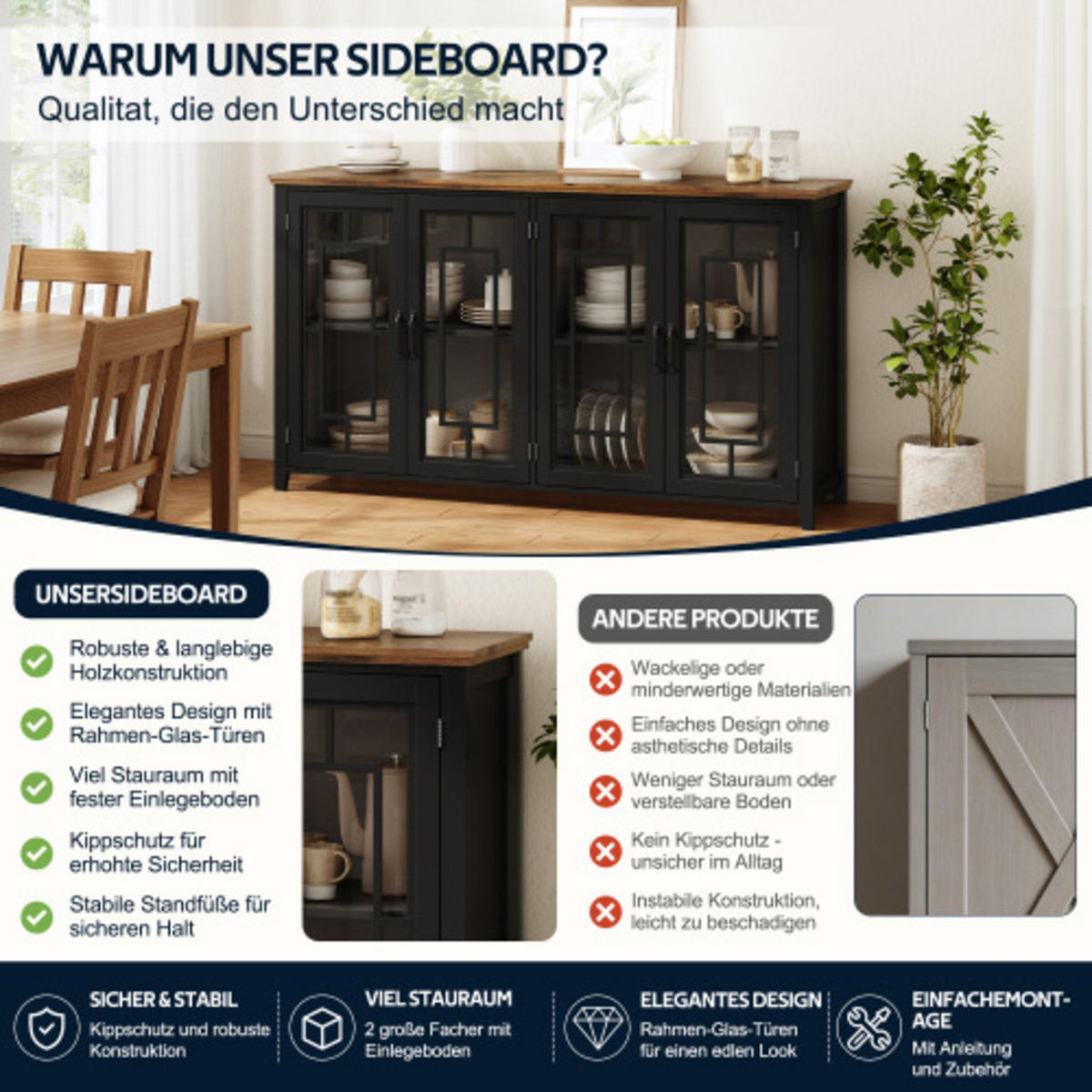 SIDEBOARD Schwarz aus MDF mit Retro-Holzmaserung-Platte 160 × 40 × 86 cm - Schwarz, Holzwerkstoff (160/86/40cm) - Luhomfu