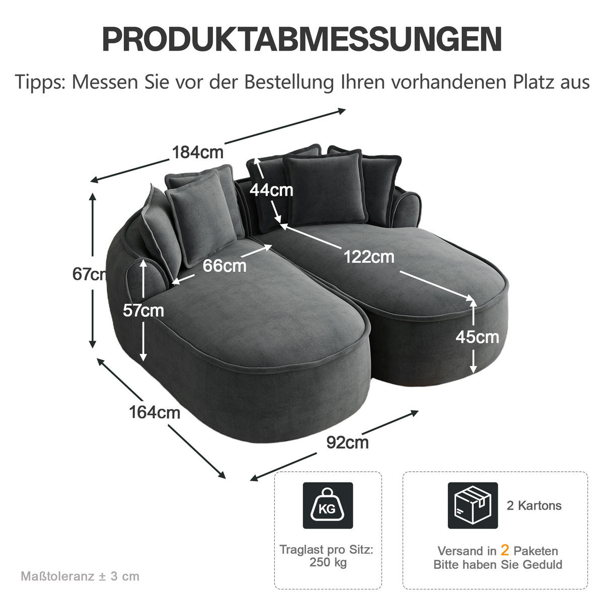 SCHLAFSOFA DE-34260 modular Grau - Grau, Textil (164/67/184cm) - ComfortXL