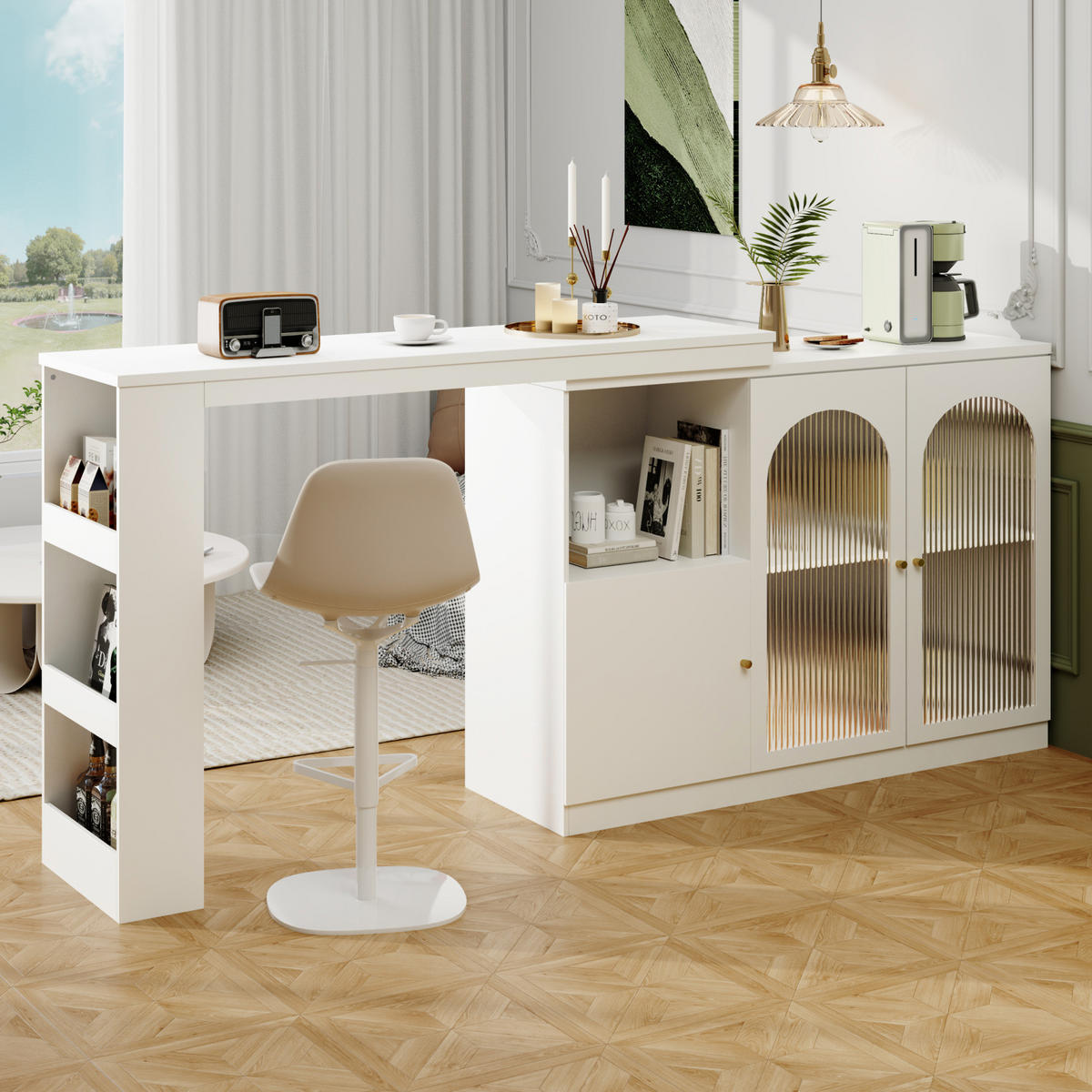 BAROVÁ skříň 120/40/97 cm bílá z MDF s otočným 360° designem a skleněnými dvířky - bílá, kompozitní dřevo (120/40/103cm) - OKWISH