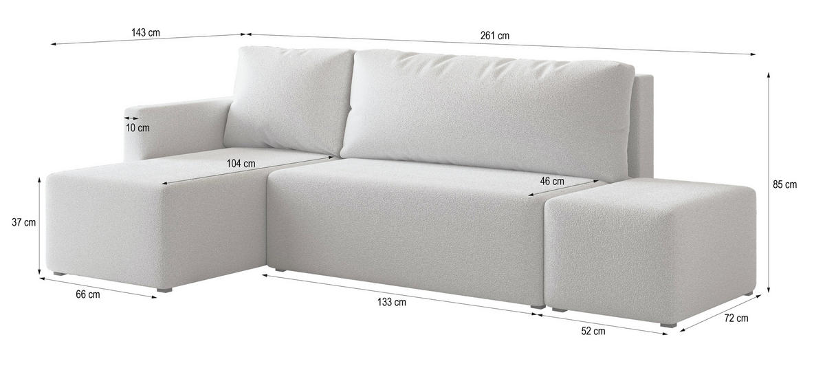 ECKSOFA VELOTTI R-S Beige Boucle-Stoff mit Schlaffunktion - Beige, Holz (261/143cm) - MASSENO