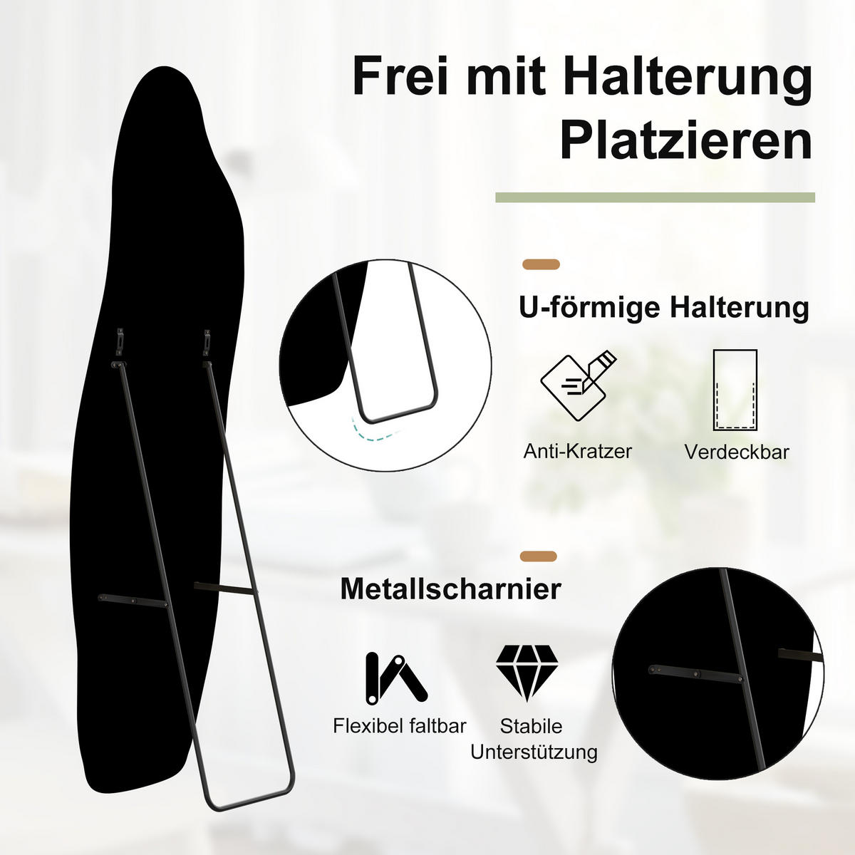 STANDSPIEGEL 160 x 50 cm, Spiegel in Delfinform, Wandspiegel,Samtrahmen, schwarz - Schwarz, Glas/Textil (50/160/3cm) - WoodenAura