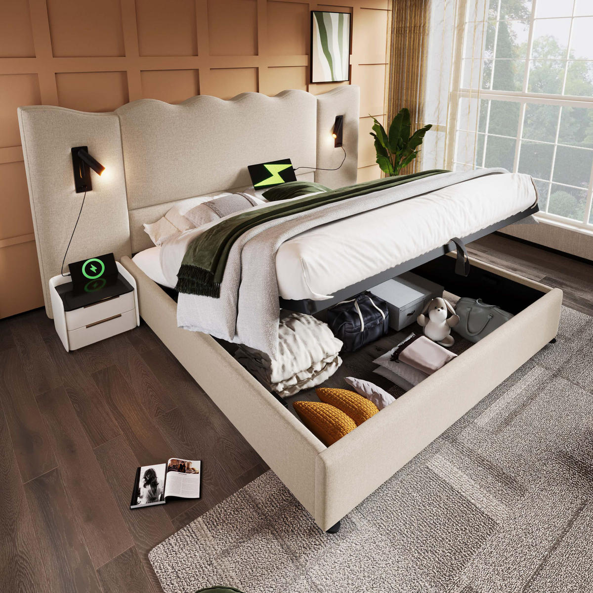 POLSTERBETT 180/200 cm mit Leselampe, USB- und Type-C-Anschluss, hydraulischem Stauraum und Wellenkopfteil, Beige - Beige, Textil (180/200cm) - Redom