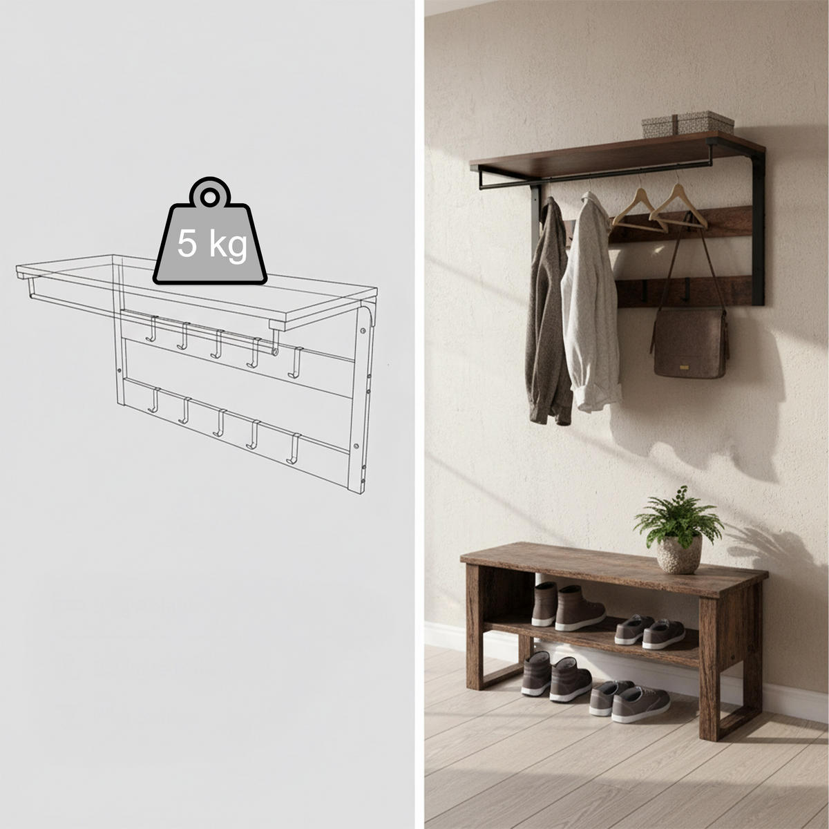 WANDGARDEROBE - Multicolor, Holzwerkstoff/Metall (80/42/30cm) - Relaxdays